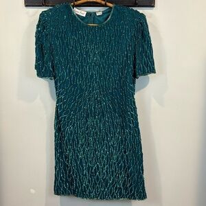 Vintage Laurence Kazar Emerald Green Sequin Beaded Silk Cocktail Dress Size L